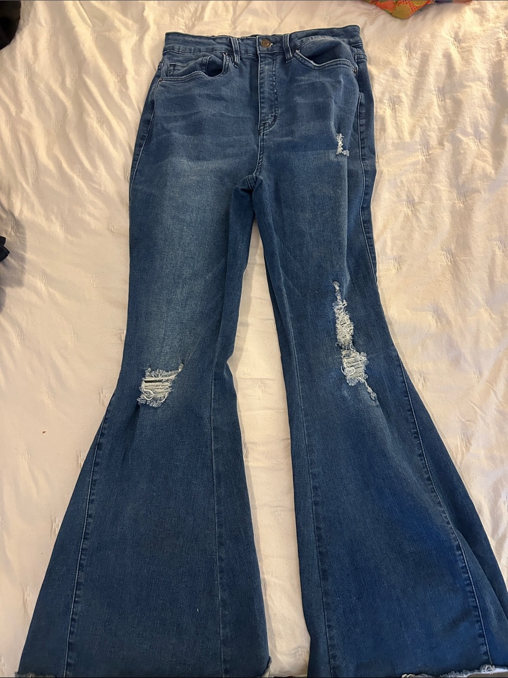 YMI High-Rise Dark Blue Flare Jeans with Distressed Detail